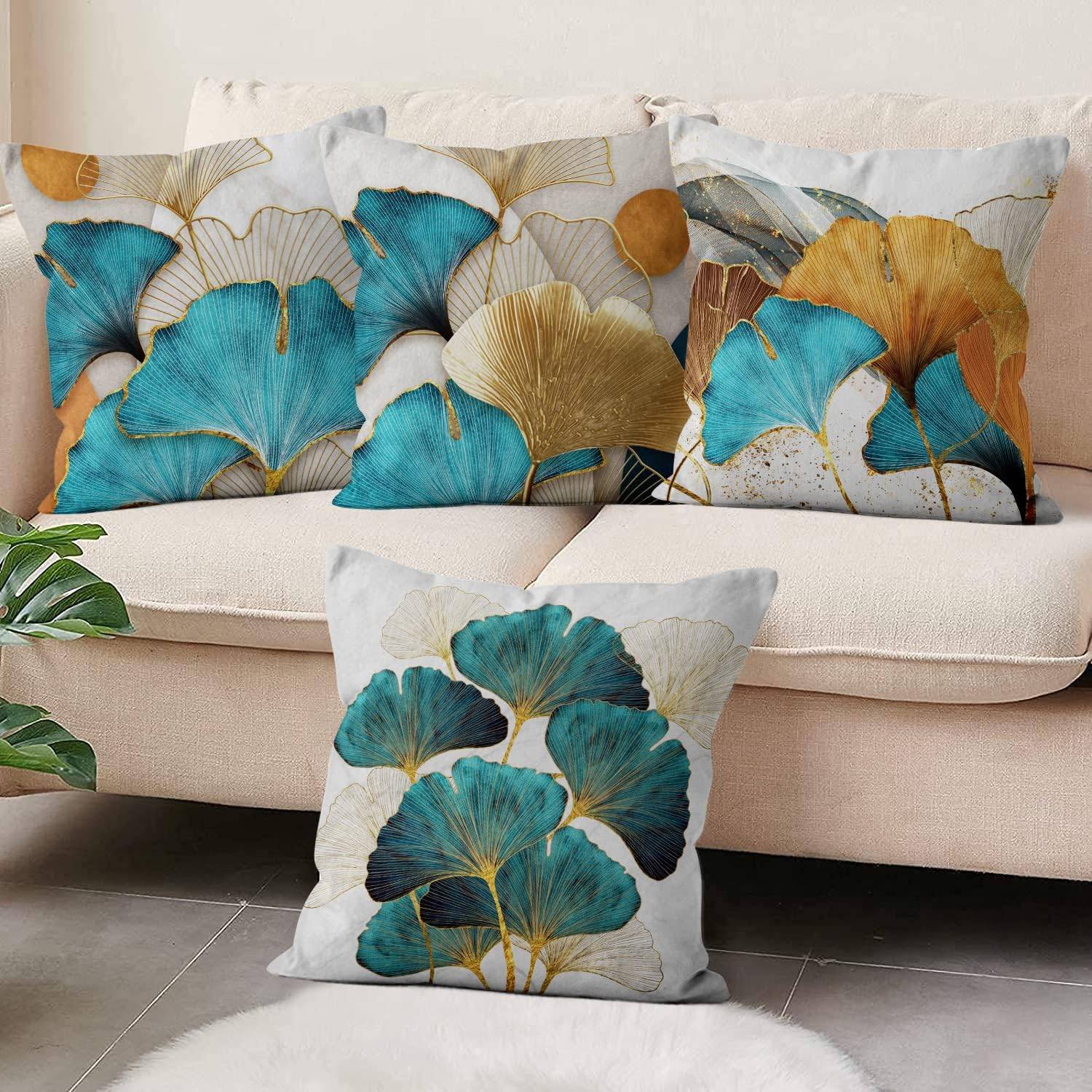 4 st Turkost Guld Ginkgo-bladmönstrad Kuddfodral Polyester Kuddfodral 2D Platt Tryck Kuddfodral Lyxig Heminredning Konststil