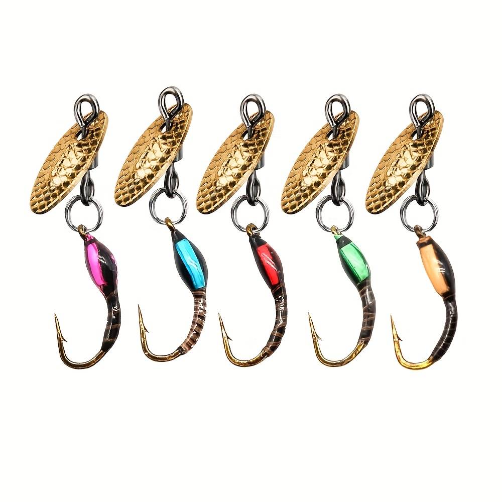TEMU Set Of 5 Spexium Spinner Bait Hooks In Assorted Colors, Featuring Realistic Insect Designs, Perfect For Catching , Trout, Perch, And Other Fish. Durable Lures Are Ideal For Fishing Tackle