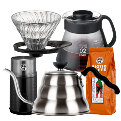 Hario Filterbryg Sæt Inkl. V60 Kettle Buono 100, V60 Dripper 2 Kop., V60 Server, Kaffemølle & 400g Rigtig Kaffe
