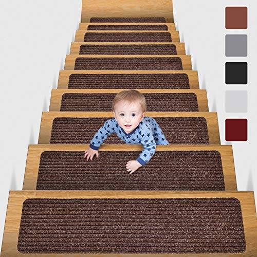 MBIGM Set med 15 trappsteg, 20 x 76 cm halkfri säkerhetsmatta för barn, seniorer och husdjur med återanvändbart lim, brun