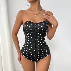 Sexig axelbandslös Polka Dot & Fishbone Print Dambody - Svart - L,M,S,XL
