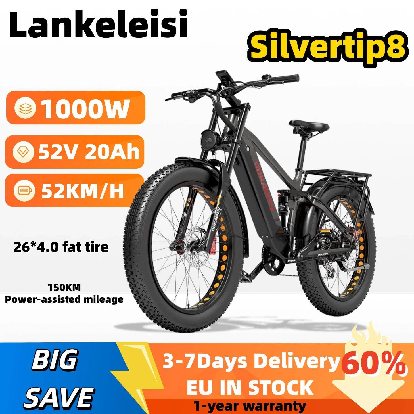Lankeleisi - Dukawey Silvertip8 Elcykel 1000W Borstlös Motor 20Ah Batteri 26 Tum Feta Däck Hydraulisk Broms 7-växlad Vuxen Elcykel