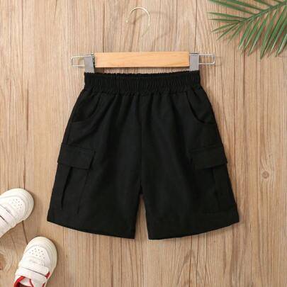Pojkars enfärgade cargoshorts med elastisk midja och ficklock, bekväma casualshorts för vardagsbruk, strand, semester, fest, sommar - Svart (6Y,7Y,8Y,4Y,5Y)