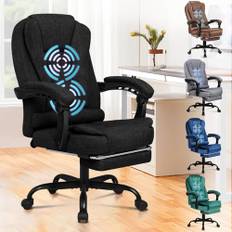 ALFORDSON Ergonomisk kontorsstol med massage, fotstöd och 150° lutningsfunktion, verkställande stol med gasfjäder, snurrstol, tyg, svart