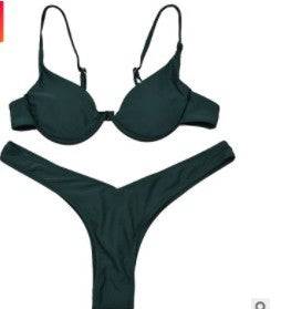 Swimwear Summer Bikini Women Swimsuit Bra and Panties Set Solid Color - Dark green / M