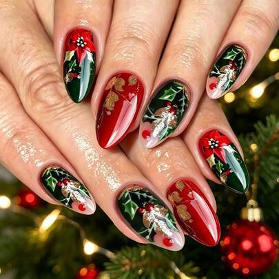24 st/set mandelformade falska julnaglar i rött och grönt, designade för flickor och kvinnor för dagligt bruk och festlig nagelkonst under höst/vinter - Multifärgad