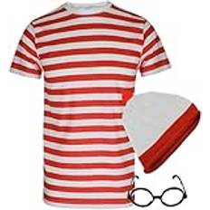 Män kvinnor röd och vit rand t-shirt hatt glasögon set unisex 3-delat set bokvecka maskeraddräkt fest outfit (3 st set medium)