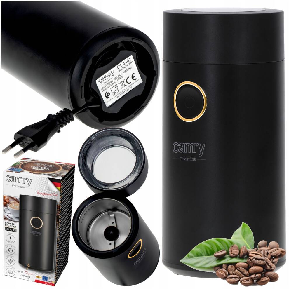 150W elektrisk kaffekværn med metalbeholder og sikkerhedslås.