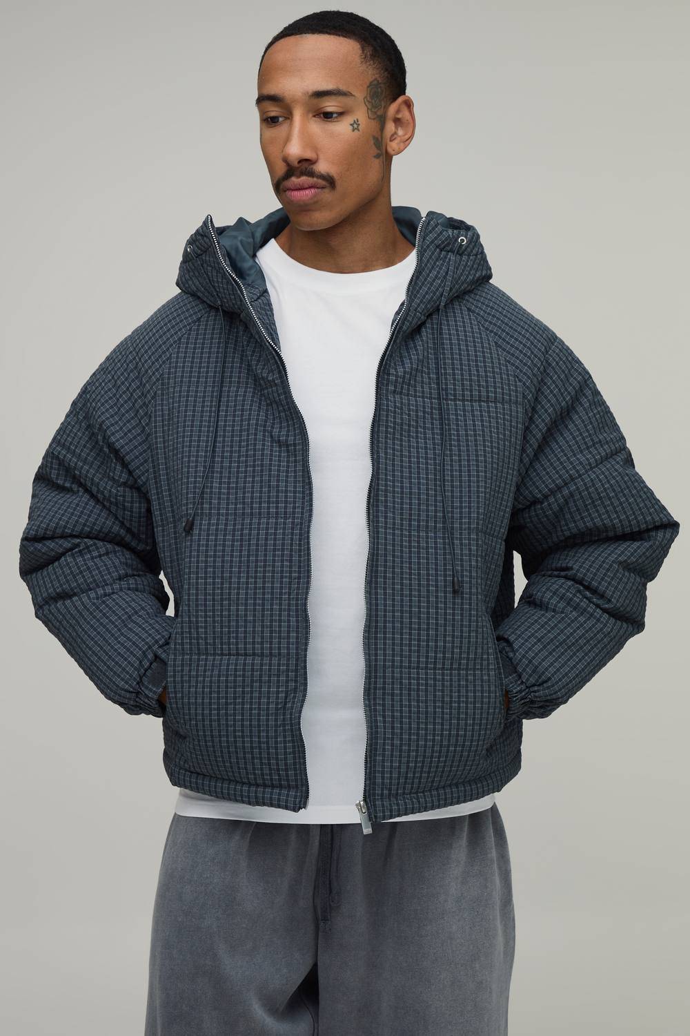 Regular Fit Check Hooded Puffer Jacket | Teal | Size XS