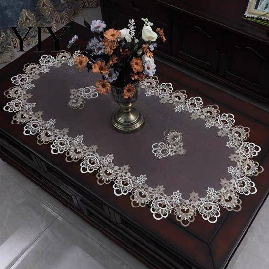 Vävd bordslöpare med hög densitet, Oval spetslöpare, Vintage underlägg, Blommig duk med retrokant för kaffe- och matbord, Genomskinligt nät