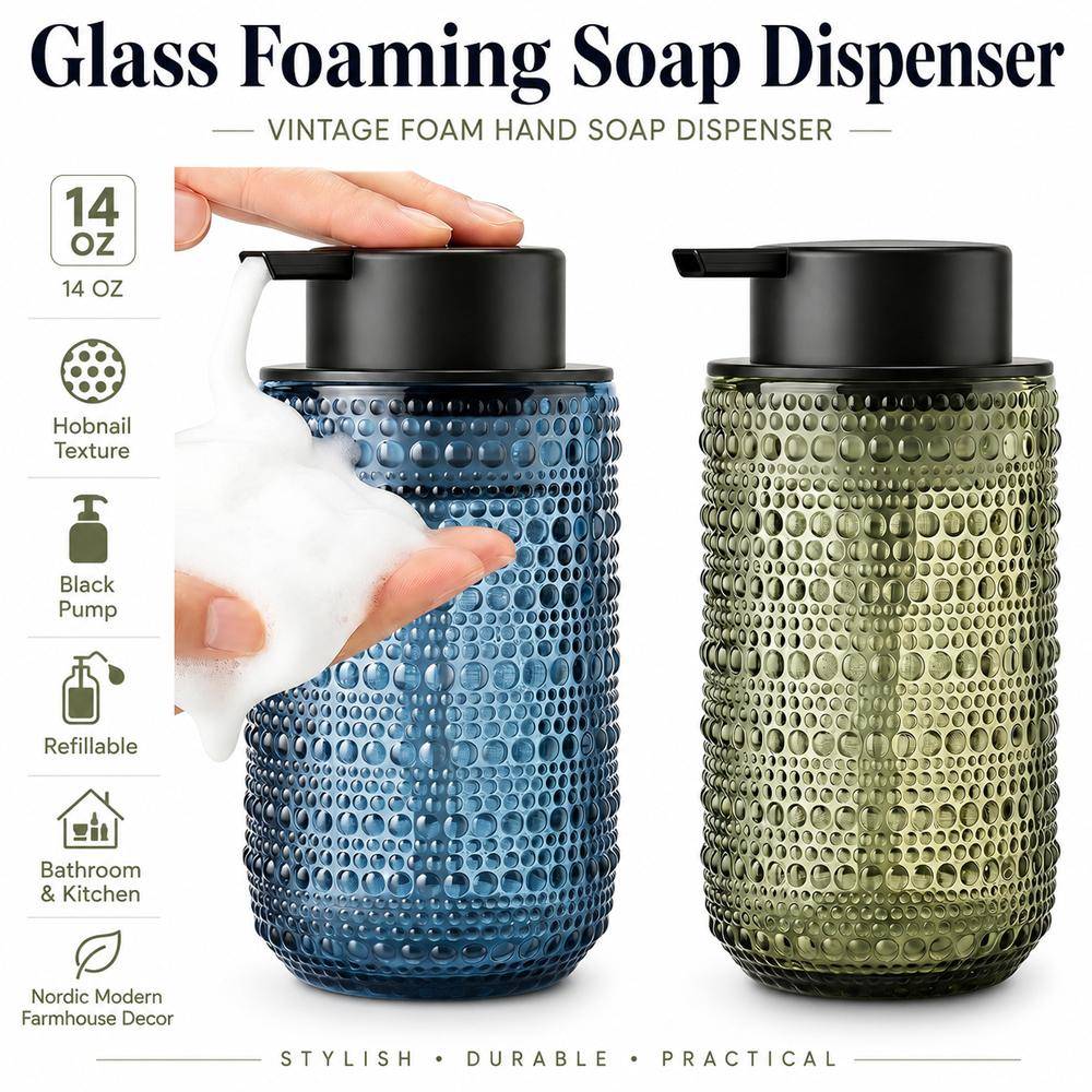 Glas Skummande Tvåldispenser Vintage Skum Handtvål Dispenser, 14 OZ Hobnail Textur Skumdispenser med Svart Pump för Badrum