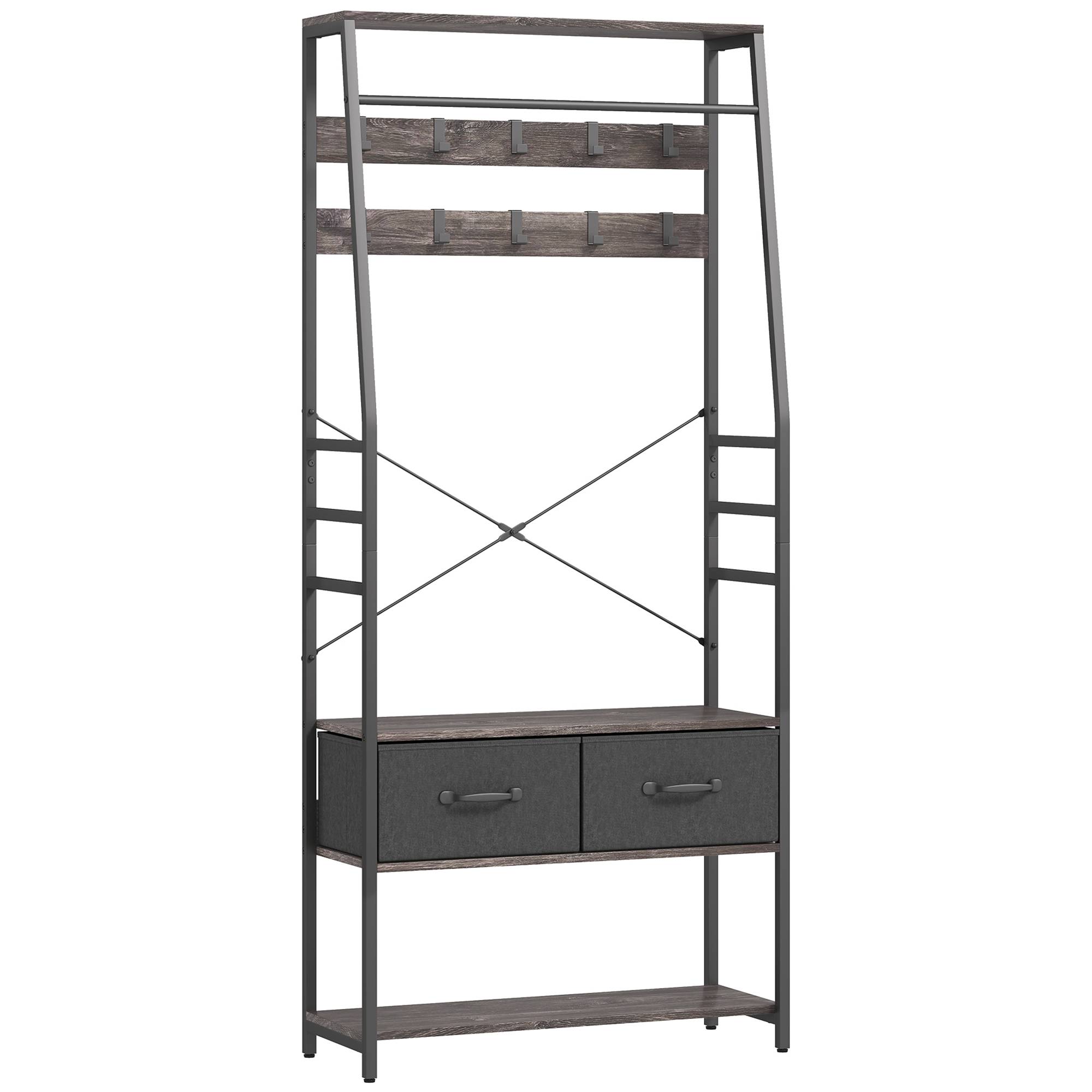 HOMCOM Coat Rack with Shoe Storage, Hall Tree, Industrial Coat Stand with Shoe Bench, 10 Removable Hooks, 2 Fabric Drawers and Clothes Rail for Entryway, Hallway, Grey