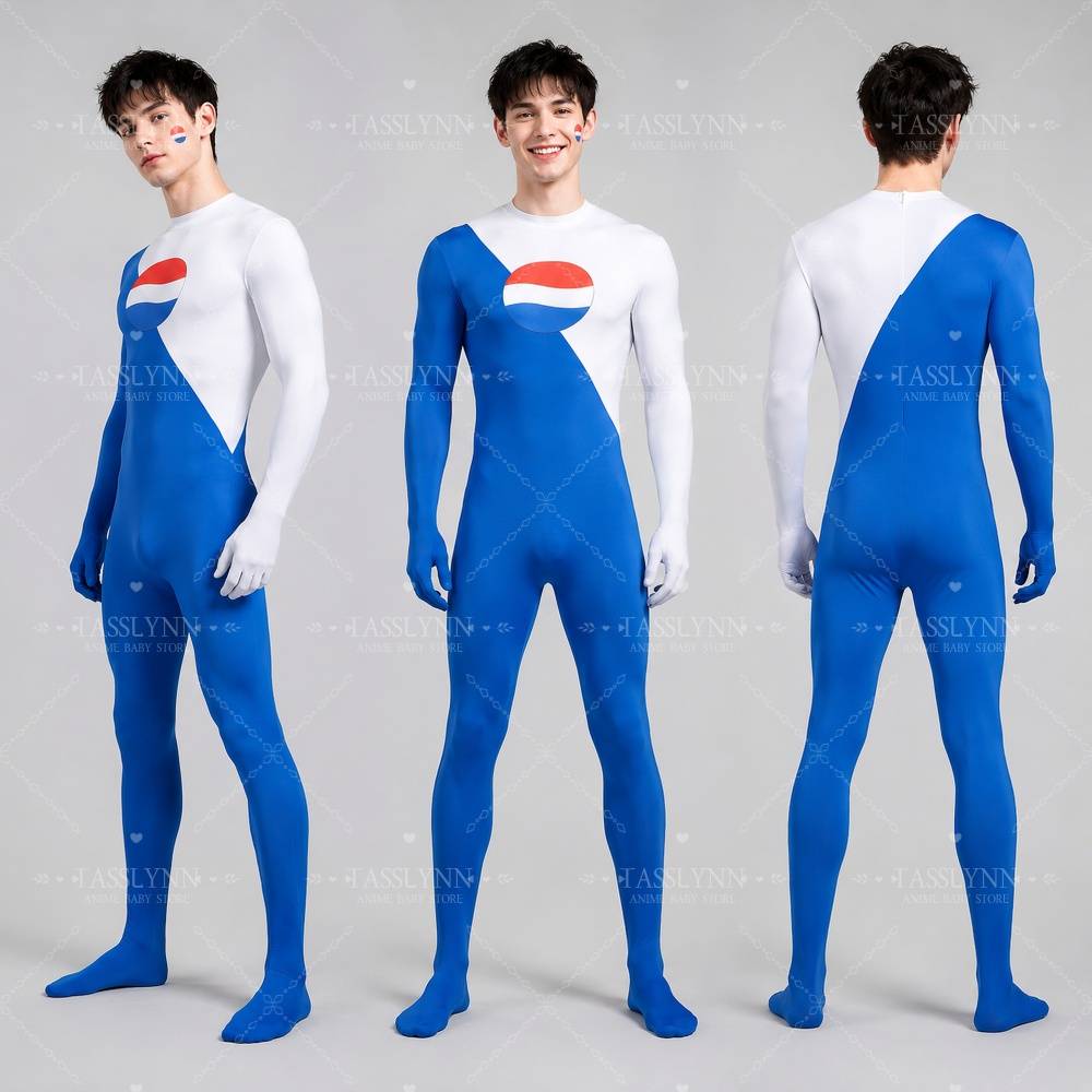 Pepsi Man Cosplay Zentai Bodysuit, Blue White Split Color Logo Print Jumpsuit, Men Funny Costume for Halloween Comic Con