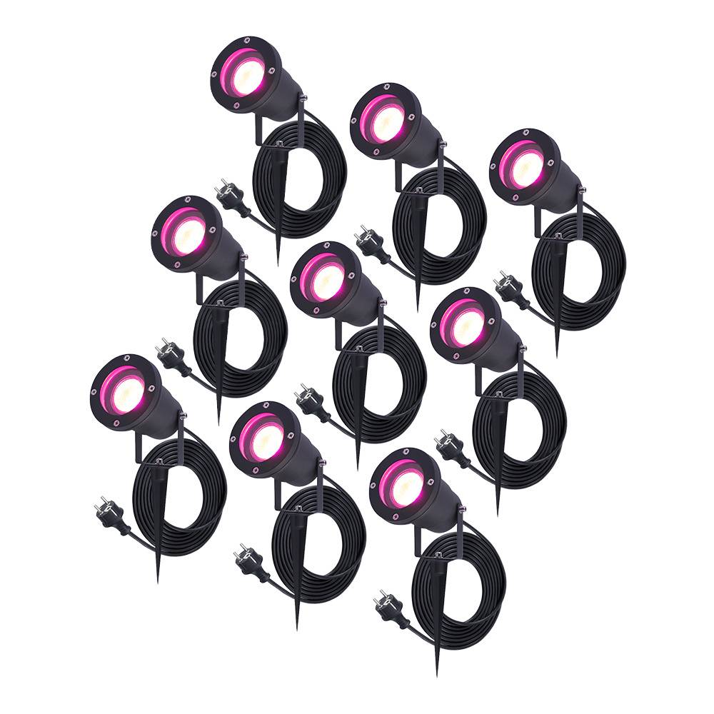 HOFTRONIC™ - 9x Sydney Smart Erdspieß - GU10 - Plug & Play - Warmweiß 2700K - 5 Watt - Für Außenbereiche - Flutlicht - Schwarz - 1.5 Meter Netzkabel