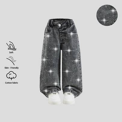 Jeans för ung flicka med hög midja och vida ben, höst/vinter - Svart (6Y,7Y,8Y,4Y,5Y)