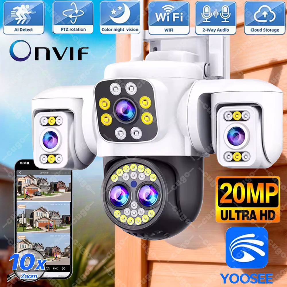 20MP Outdoors Wifi Camera 10K HD Three Screens Security PTZ IP Camera 10X Digital Zoom Lens Human AI Auto Detect Tracking Camera