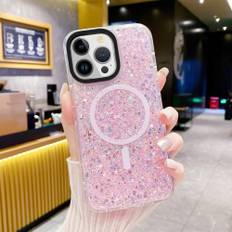 iPhone 15 Pro Cover Glitter MagSafe Lyserød