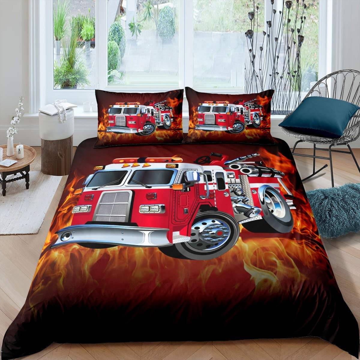 Brandbil Påslakanset Barn Brandmän Bil Fordon Sängkläder Set För Pojkar Brandbil Mönster King Size Täcke Överdrag EU single(135x200cm)