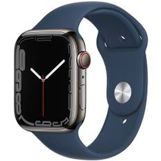 Apple Watch Series 7 Rostfritt stål 45 mm (2021) | GPS + Cellular | grafit | Sportband Bläckblå