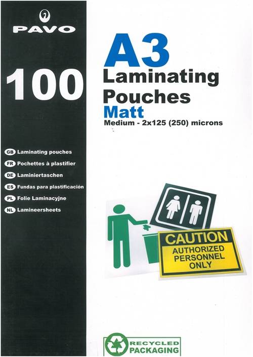 lamineringslomme A3 MAT, 2x125mic. = 250mic., 100/pk..