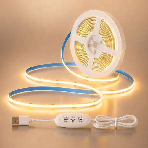 COB LED Remsa 2M, Varmvitt 2700K LED Belysning för TV, 320 LED/m, Dimbar COB LED Remsa med Självhäftande Baksida för Sovrummet, Hemmet och DIY Belysning