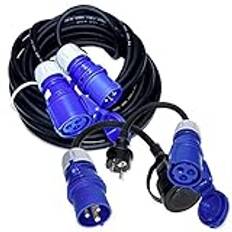 CEE 230 V campingkabel set 10 m gummiförlängning/strömkabel 2 x adaptrar H07RN-F 3G2,5 IP44 3 x 2,5 mm 230 V 16 A IP44 – Schuko-kontakt till CEE-koppling CEE-kontakt till skyddskontakt uttag/uttag