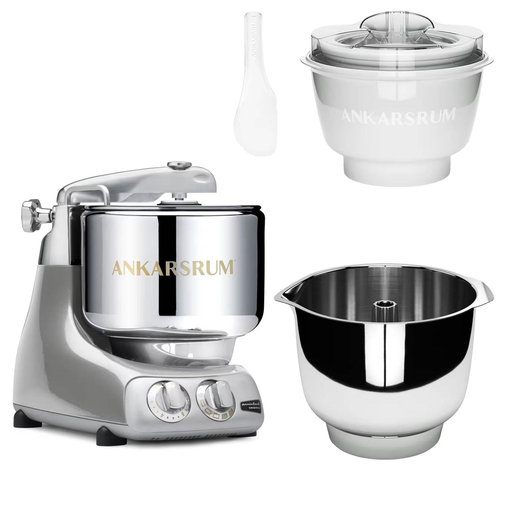 Ankarsrum Assistent Original AKM 6230 köksmaskin med glasstillbehör och extra vispskål, jubilee silver - Jubilee silver
