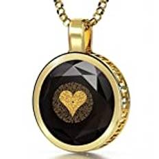Nano smycken guldpläterade I Love You-halsband 24 karat guld inskrivet på 120 språk på svart kubisk zirkonia-hänge, 45 cm, Metall, Kubisk zirkonia