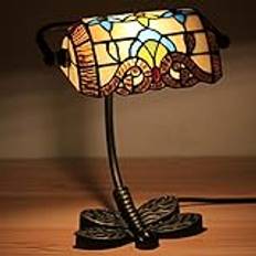 Traditionell stil Piano Skrivbordsbordslampa 10 tum hög med AC-strömuttag Brons Blommig konst Glasskärm Dekor för sovrumshus Sängbord Nattduksbord Hemmakontor,Färgrik