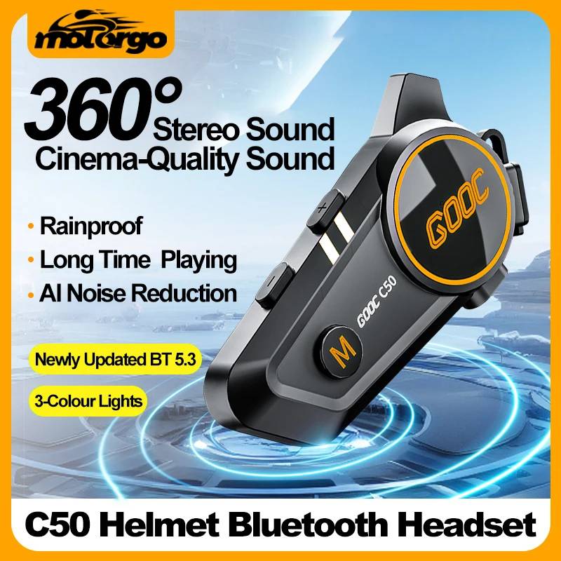 C50 Motorcycle Bluetooth Helmet Headset V5.3 Tri-Colorful Lights Earphone IPX6 Waterproof Support Connecting 2 Phones Same Time