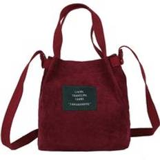 Kvinnors mini corduroy axelväska kvinnlig liten canvas handväska totes damavslappnad vintage handväska tyg hinkpåse för tjej - Vinröd