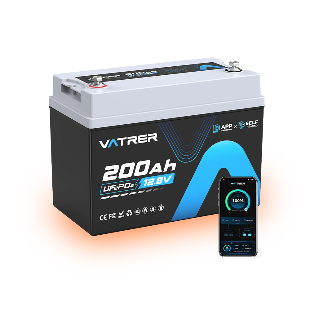 Vatrer 12V 200Ah Bluetooth LiFePO4 Self-Heated Lithium Battery 200A BMS CA - 4 PACK