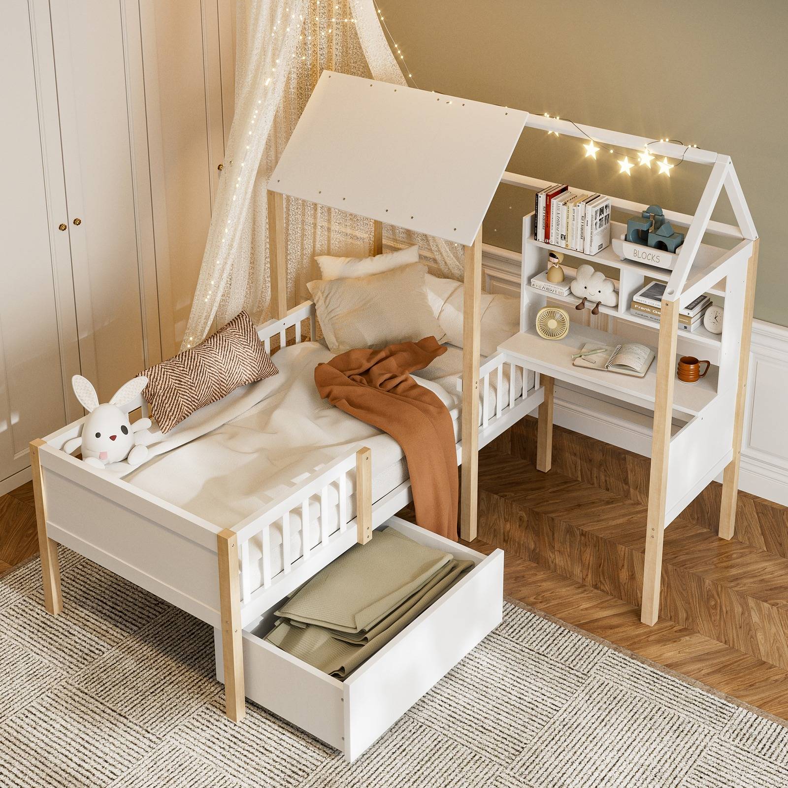 Modern House-Shaped Kids Bed Frame with L-Shaped Desk, Solid Wood Loft Bed with Roomy Rolling Drawers, 195L x 90W x 164.5H cm, White Aosom UK