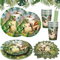 Dino partyporslin, dino-papperstallrikar och mugg-set, 50 delar partyset dinosaurie, dino-papperstallrikar, dino-duk, servetter, koppar, portioner 10, lämplig för födelsedagsfirande, fest i jurassic