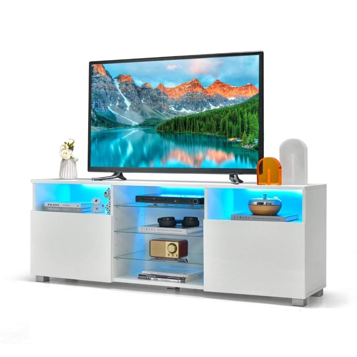 TV skab med LED belysning & 2 låger & justerbare glashylder TV stativ