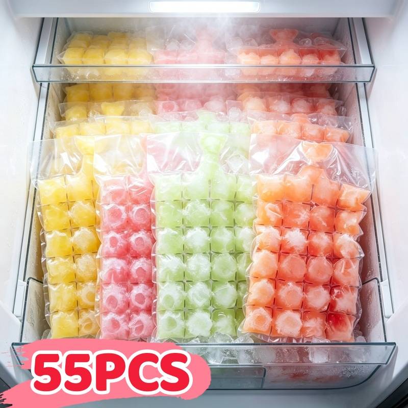55pcs Self-sealing Ice Cube Bags, Ice Cube Maker Bags For Juice, Smoothies, Yogurt & Chocolate, Leakproof Freezer Ice Mold Bags, Stackable Ice Cube Bags For Home Kitchen Party & Restaurant Use