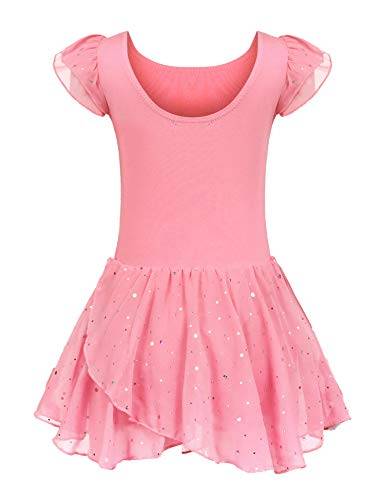 trudge Balettklänning för barn, balettklänning för flickor, kortärmad/långärmad, bomull, balettrikå, balettdräkt, dansklänning, dansbody med kjol, tutu, Rosa B, 150 cm