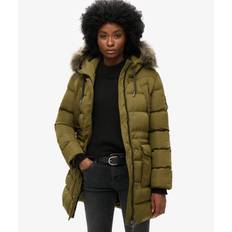 Superdry Damen Mittellanger Everest Steppmantel mit Kunstfellbesatz Grün - Größe: 42