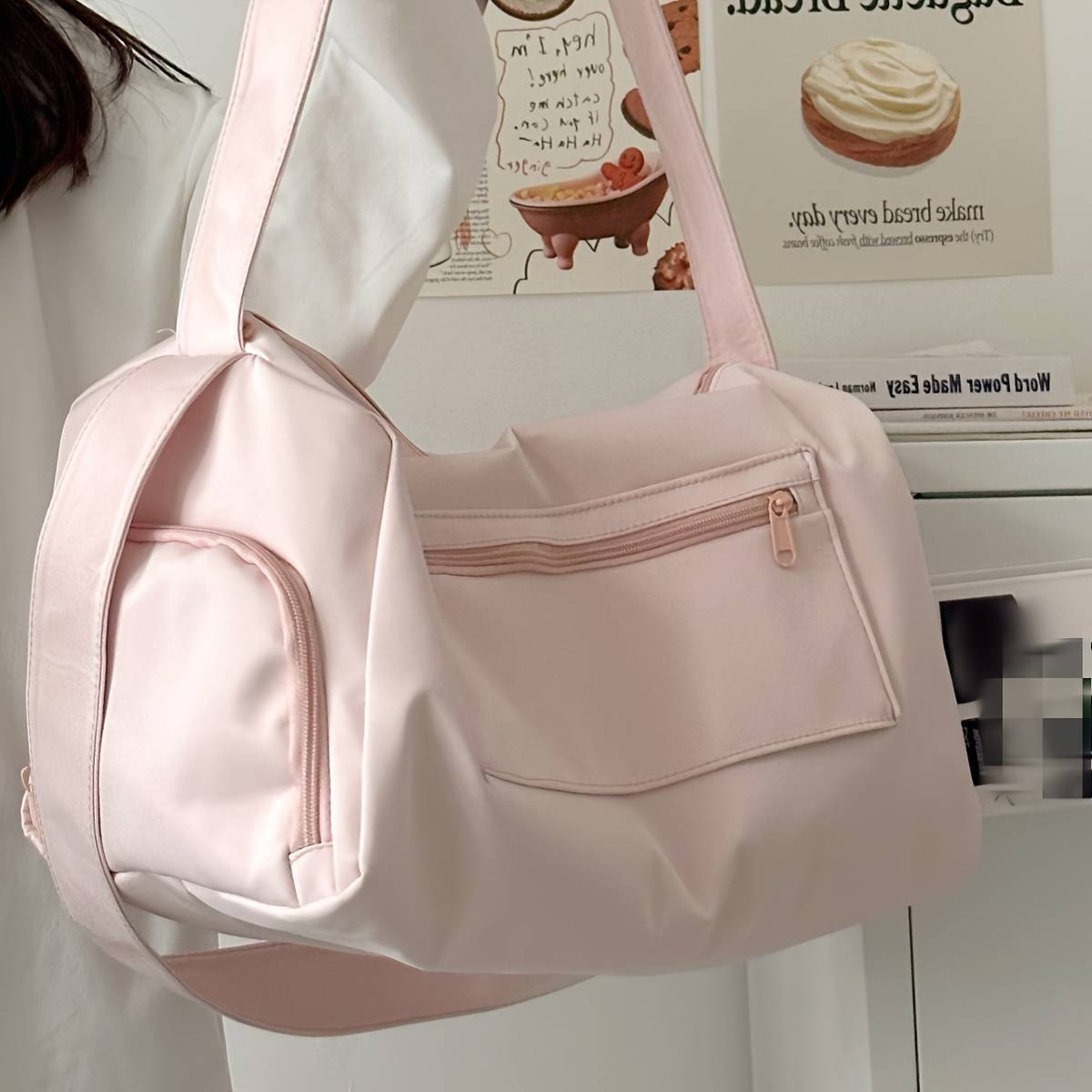 Large Capacity Solid Color Shoulder Bag | Multi-pockets, Lightweight And Portable, Suitable For Outdoor And Short-distance Travel, Pink Nylon By Dywtd
