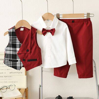 3-delad formell outfit för babypojke i rött, höst/vinter, lämplig för Halloween, jul, utflykter, helger och fester - Bourgogne (6-9M,9-12M,12-18M,18-24M,2-3Y,3-6M)