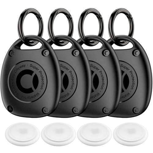 CITYWAY (4-pack) för AirTag-nyckelringshållarfodral | IPX8 vattentät, ultrakompakt | bärbart luftmärkesfodral för hundkrage, ryggsäck, nycklar, bagage – svart
