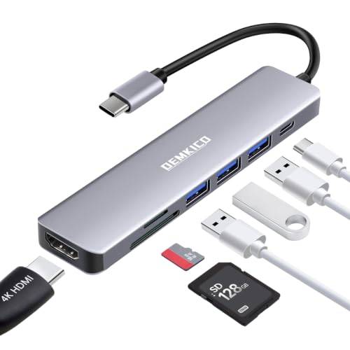 7-i-1 USB C-hub multiportadapter, DEMKICO USB-typ c-hubb med 4K HDMI, SD/TF-kortläsare, 3 USB-port, 87 W laddare kompatibel med MacBook Pro/Macbook Air/XPS och fler typ C-enheter