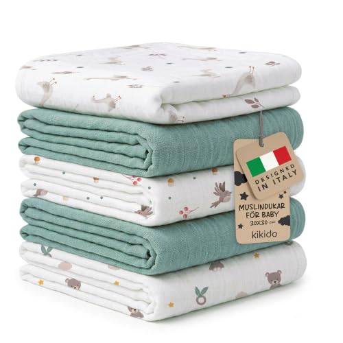 Kikido Muslinfilt Baby 30x30 cm - Set med 5 Muslindukar i 100% Bomull - Mjuka och Absorberande Kräkdukar, 6-lagers - Björn, Anka, Fågel och Ljusblå