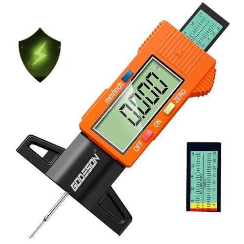 GODESON Digital däckprofildjupmätare, profildjupmätare för däck 0-25,4 mm/tum, stor LCD-display däcktrycksmätare för bilar, lastbilar, motorcyklar, cyklar