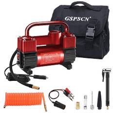 GSPSCN Röd däckinflator Schwer Duty Dubbla cylindrar, bärbar metall DC 12V Luftkompressor - Bil tillbehör, 150PSI Däckpump med adapter för bil, lastbil, SUV-däck, båt, luftmadrass etc.
