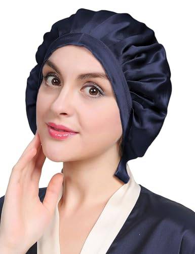 LilySilk 100% Maulbeerseide Schlafmütze rutschfest verstellbar und atmungsaktiver Kopfbedeckung Seidenhaube zum Schlafen Nachtmütze mit elastischem Band für alle Haartypen,Dunkel Blau