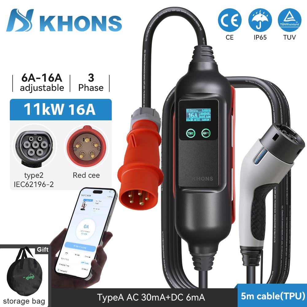 Khons 11KW Type2 Portable EV Charger 16A 3Phase Electric Car Charger Connection Control Electric Vehicle Charger Via APP