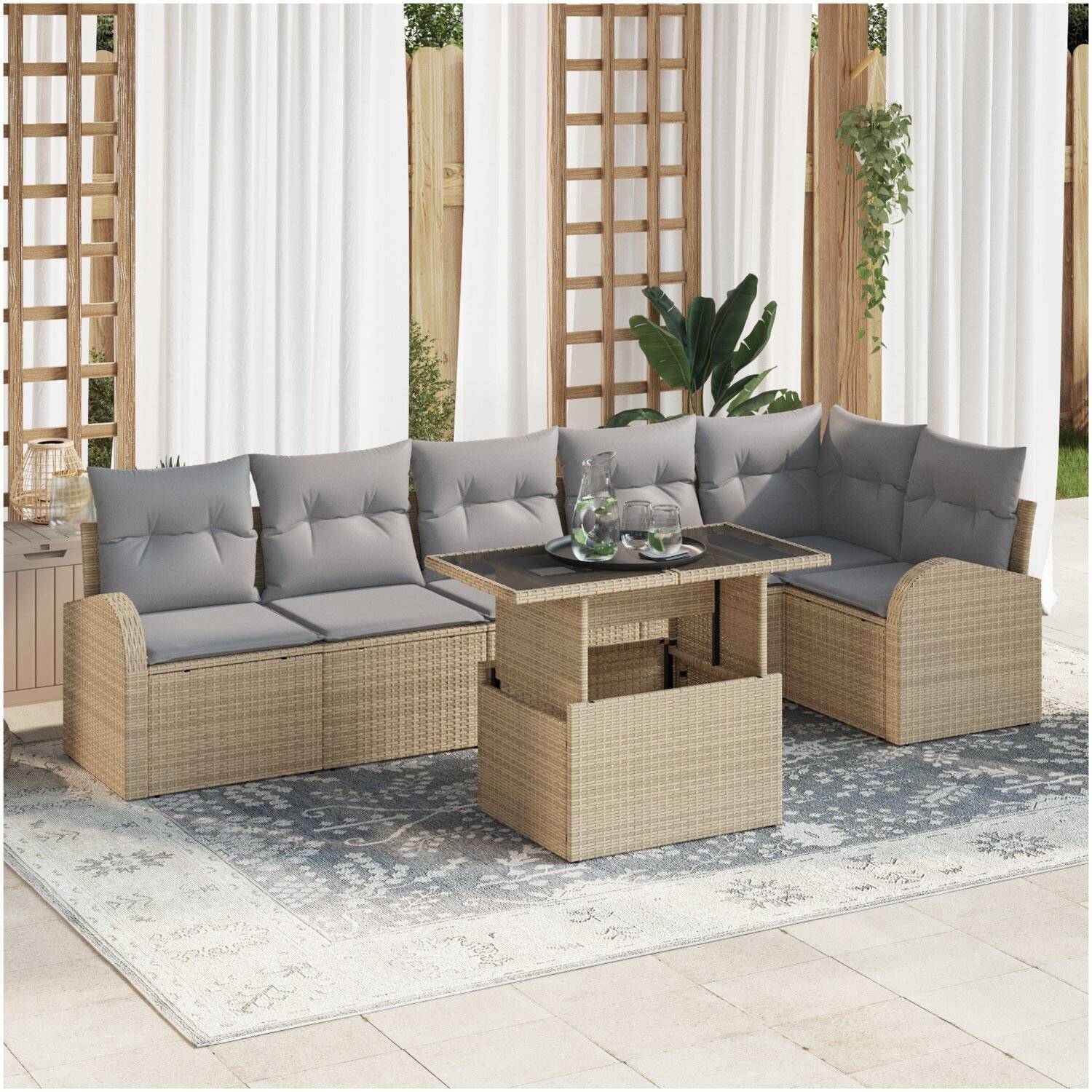 Trädgårdsbänkset vidaxl - 7 delars trädgårdsoffgrupp med kuddar beige poly rattan stor natur - Beige