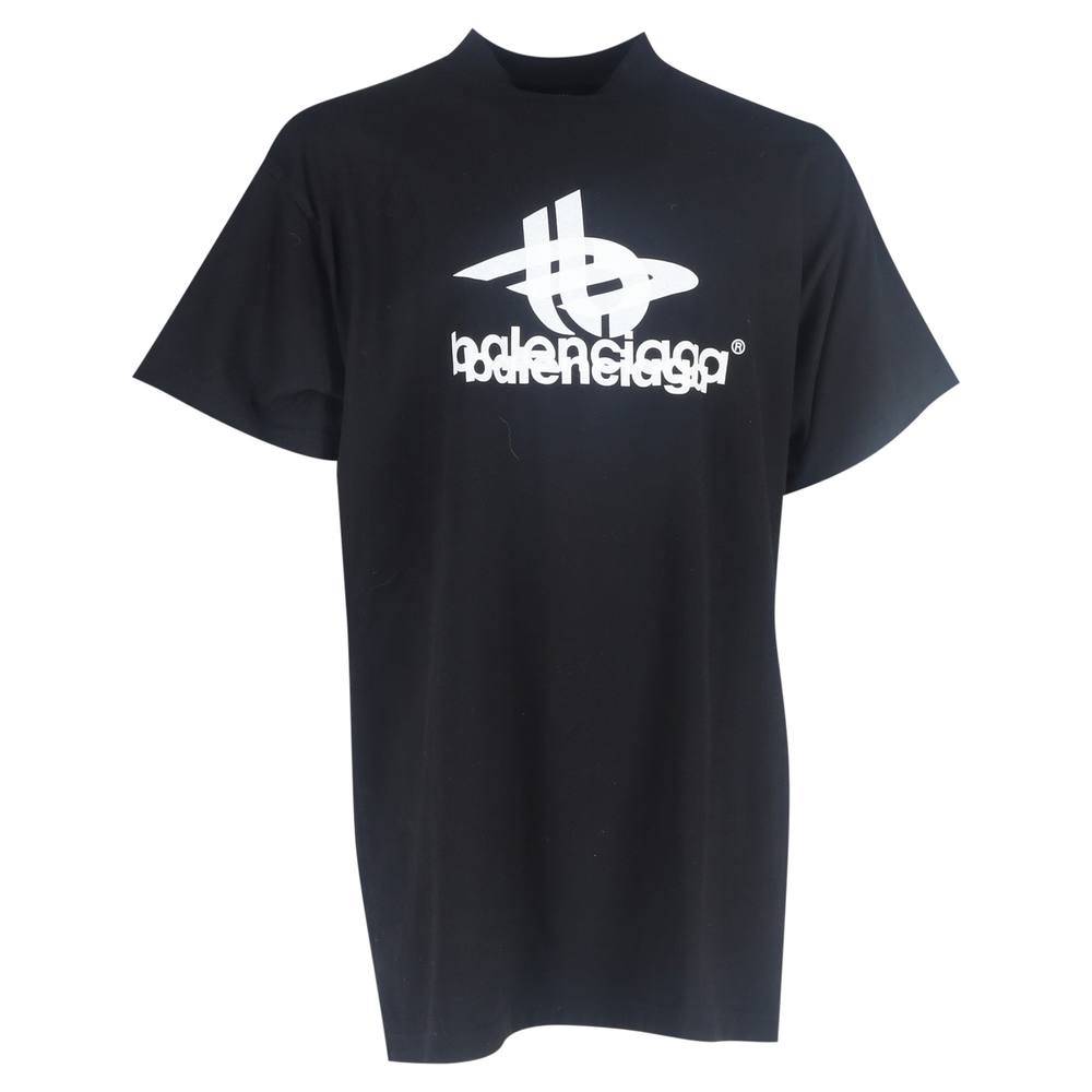 Balenciaga Men Preloved Logo Print Mock Neck T-Shirt in Black Cotton | Size: large