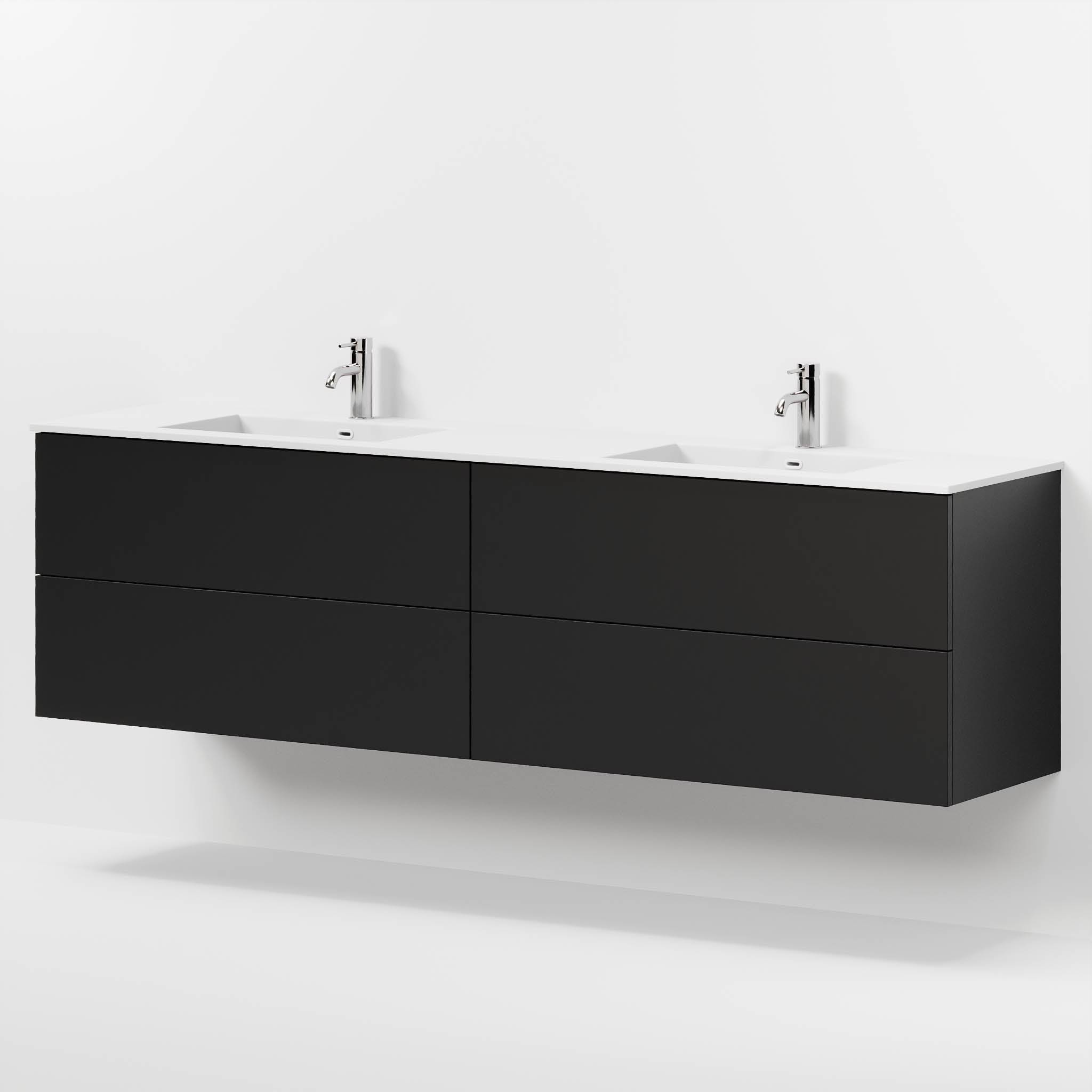 Badrumsmöbel med klassiska fronter - 200x46x57 cm - mattsvart - dubbelt tvättställ i solid surface - Viborg